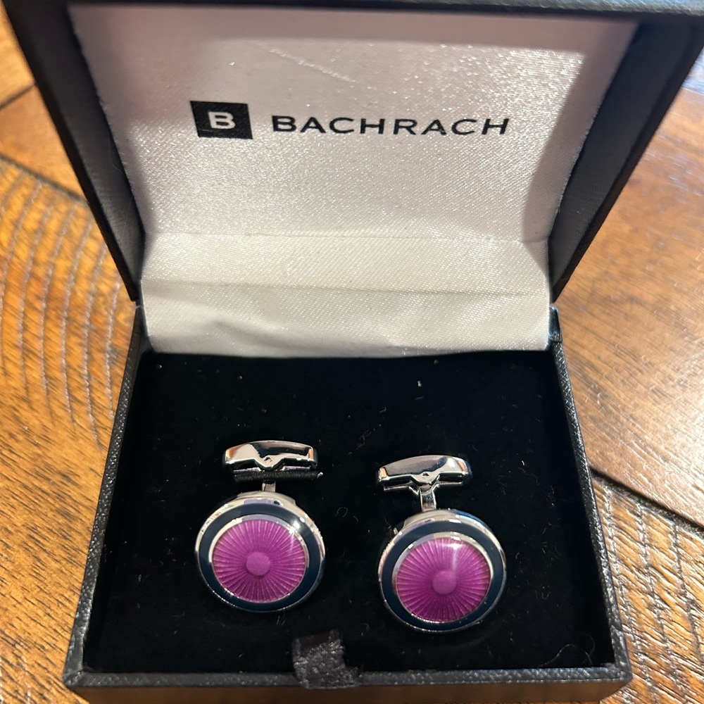Bachrach Dexter cuff links purple stone silver tone metal